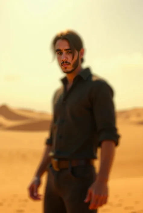 He wears a black shirt like John Wick in the middle of the desert