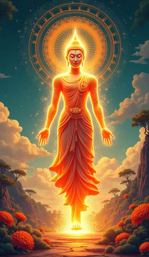 Buddha Image, sporty, Glowing light, Thai Art Beautiful Background, high resolution, quality, Wide angle view,  speed line,  , illustration, Decorative Arts,  character design, 