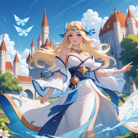 anime girl wearing a white dress，A blue light is on in front of the castle,  beautiful sky wizard ,  Fantasy Art Style, xianxia fantasy,  Nguyen Jia and artgerm , high quality fantasy art , Artgerm and Nguyen Gia, author：The J,  conceptual art magic highli...