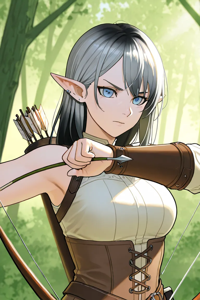 Create a character with black and slightly gray hair with blue eyes and she's an elf who uses a bow and arrow