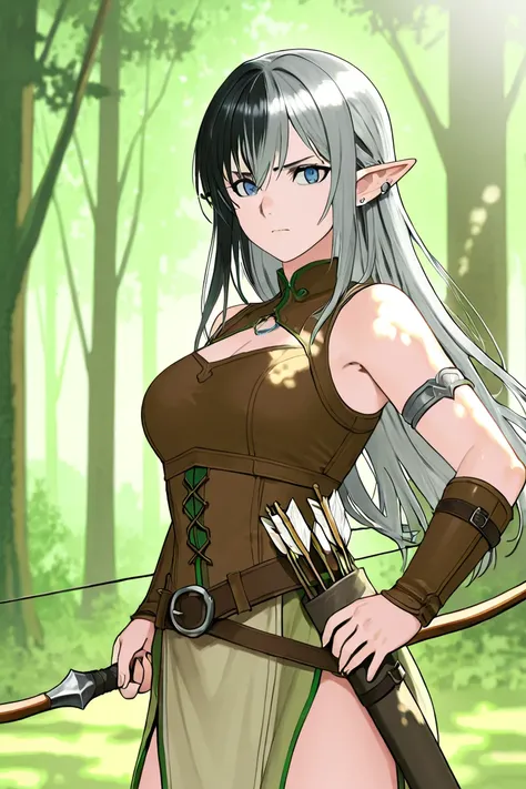 Create a character with black and slightly gray hair with blue eyes and she's an elf who uses a bow and arrow