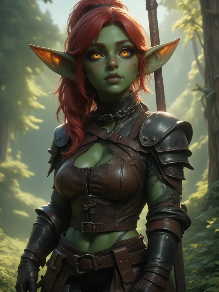 full shot of a short goblin slave girl with green skin, red long ponytail hair, wearing leather armor, attractive body, slave chain collar on her neck, she is holding a medieval weapon, forest background