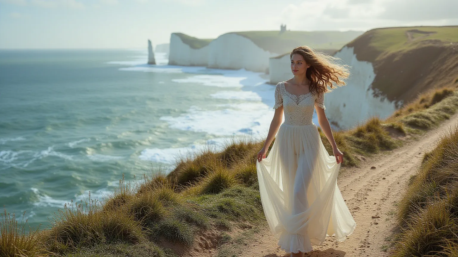 A beautiful woman of Victorian England walks on the Cliffs of Dover, the wind blowing her loose hair and her dress.