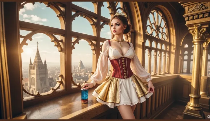 I want you to use two main colors in all the pictures - blue-blue and orange-yellow. Steampunk princess standing by a tall gothic window, golden sunlight illuminating her elegant dress. She wears intricate brass jewelry and a corset with gears. Outside, a ...