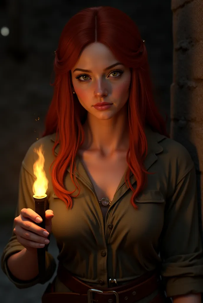 Young woman with red hair who lived in middle age holding torch in hand 