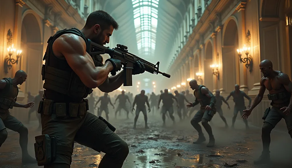 Cena do Chris Redfield, do Resident evil 6, shooting with your rifle at zombies that are inside the city hall.