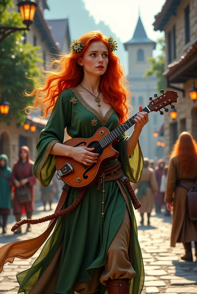 Epic fantasy illustration of a redheaded bard in a classic medieval RPG style. She stands gracefully in a bustling village square, her vibrant, flame-red hair flowing in loose curls and adorned with small wildflowers. Her attire is rich and detailed—a flow...