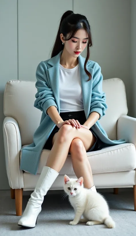 (Highest quality, masterpiece, raw image, ultra high resolution, 16K, full body portrait), in a VIP room with grey wave pattern carpet, (a young Chinese woman sitting on a white singe sofa, a white kitten near her legs, is licking the woman's boot), crossi...