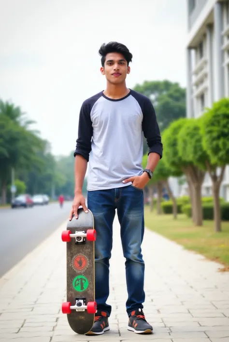 arafed young man standing on sidewalk with skateboard in hand, casual photography, photo taken with canon 5d, candid picture, portait photo profile picture, taken with canon 8 0 d, ayan nag, khyzyl saleem, full body photogenic shot, at college, profile pic...