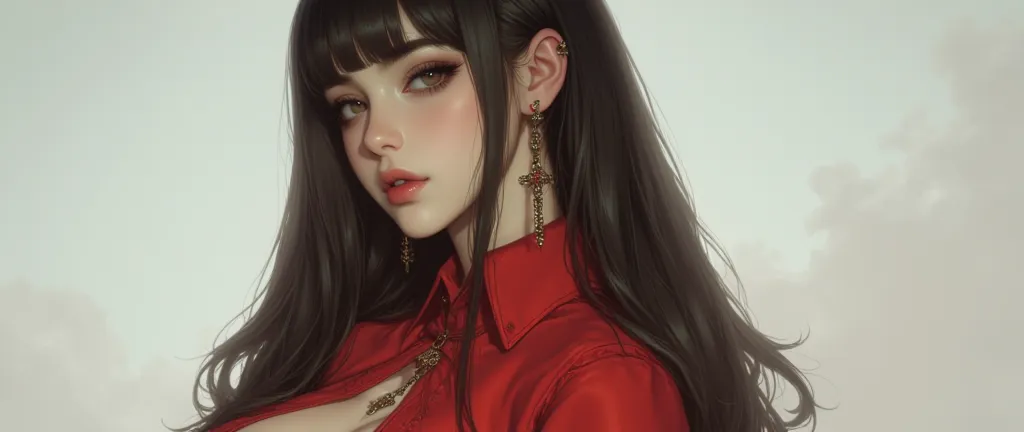 1girl, solo, black_hair, looking_at_viewer, jewelry, long_hair, earrings, shoulder_cutout, clothing_cutout, upper_body, gradient_background, shirt, red_shirt, from_side, blush, closed_mouth