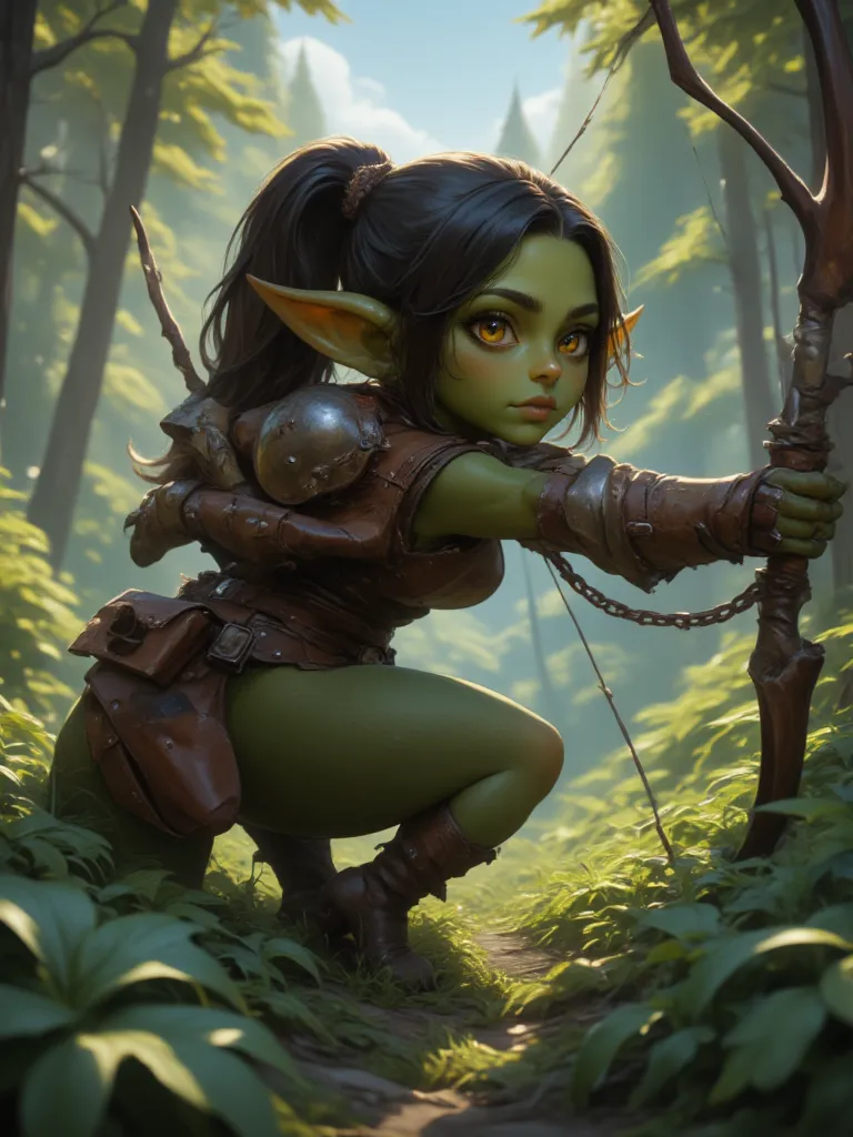 full shot of a short goblin slave girl with green skin aiming with bow, looking for pray to hunt, black long ponytail hair, wearing leather armor, attractive body, slave chain collar on her neck, forest background