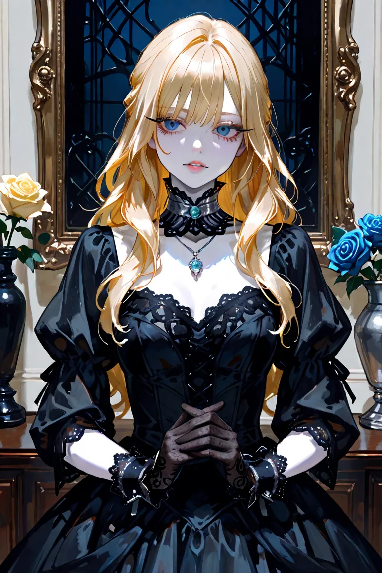 A young woman, slight build, with delicate facial features and pale skin, long, wavy blonde hair, large blue eyes, long eyelashes, small full lips. Dressed in a black dress, with lace cuffs and a high, decorative stand-up collar, tightly laced around the n...