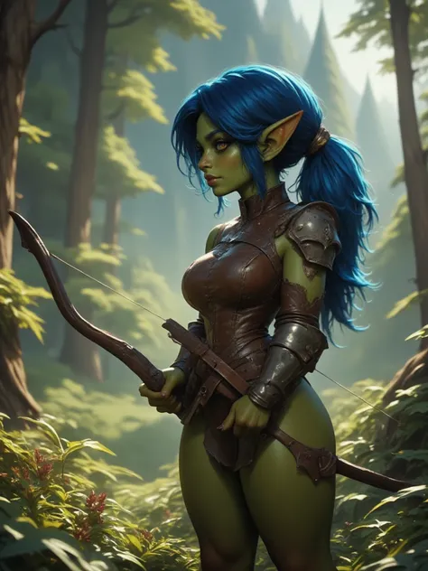 full shot of a short goblin slave girl with green skin aiming with bow, looking for pray to hunt, blue long ponytail hair, wearing leather armor, attractive body, slave chain collar on her neck, forest background