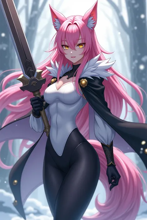 (maximum quality, better quality,  official art , beautiful and aesthetic :1.2) female anime, wolf girl, rebellious girl, long pink hair with bangs covering the right side of the face,  golden eyes, pink wolf ears, pink voluminous tail,  voluminous white c...