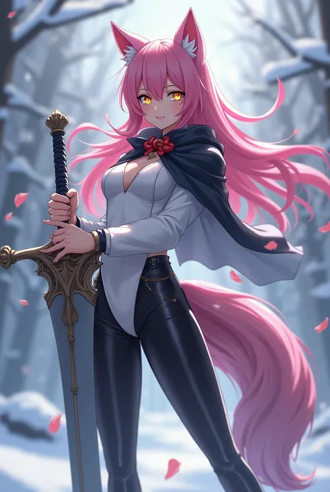 (maximum quality, better quality,  official art , beautiful and aesthetic :1.2) female anime, wolf girl, rebellious girl, long pink hair with bangs covering the right side of the face,  golden eyes, pink wolf ears, pink voluminous tail,  voluminous white c...