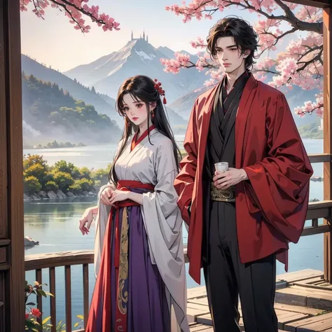 A breathtaking fantasy landscape of ancient China, with a dreamy, misty mountain range and traditional Chinese palaces floating above the clouds. A beautiful pink cherry blossom tree stands on a hill, its petals gently falling in the wind. Two figures, a m...