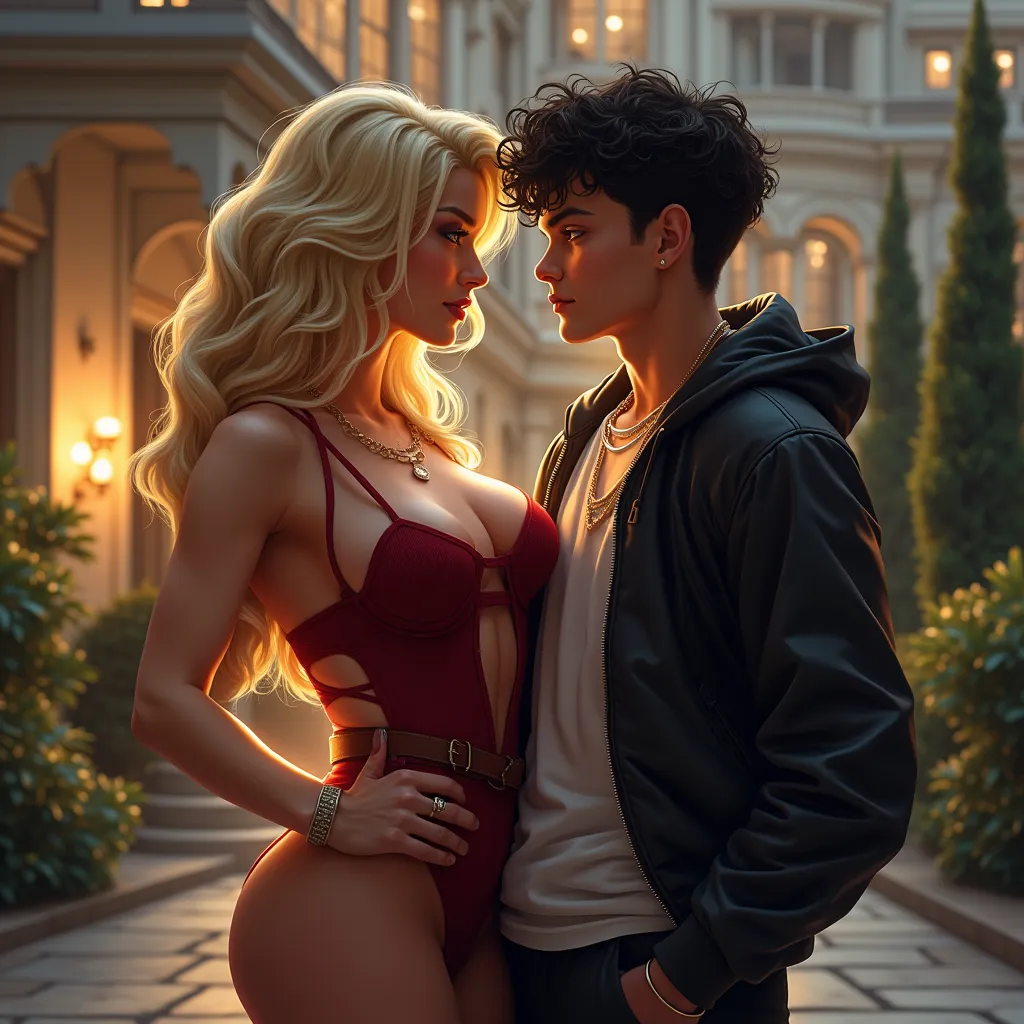 realistic 45 YEAR OLD BLONDE sexy milf cougar big tits in sexy hip hop style , outside a mansion with jovencito adolescente negro 15 años thug, ella le provoca con su cuerpo y ropa sugerente