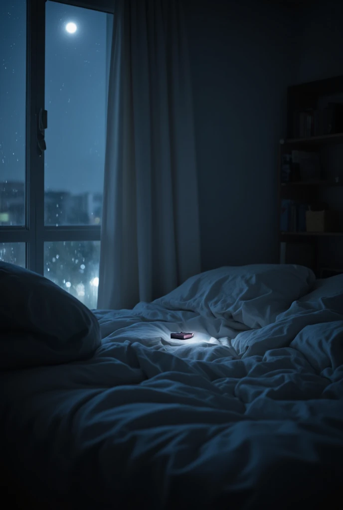 In the silent room at night which The moonlight streams in and there are small smartphone in a messy bed、外は雨、
(Clear night view: 1.2) (Soft light: 1.4)