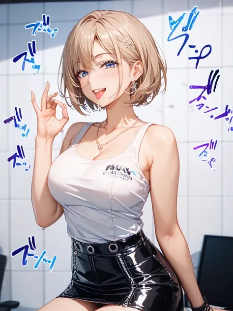 detailed background、 detailed person、High Resolution, 32K,   realistic depiction 、masterpiece、 score_9,  score_8_ and ,  score_7_ and ,  score_6_ and , mature woman, {{huge tits}}, curve, short hair,  blue eyes,  white shirt, tank top、( hand and foot acces...