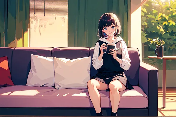 ((1 person sitting on gray sofa blue eyes)))(high resolution short hair hoodie black skirt Rin々Funny Face))((turns to the side))( shining aura holding a cup that catches the wind drinking coffee))(Bask in the light and smile)shining background shining edge