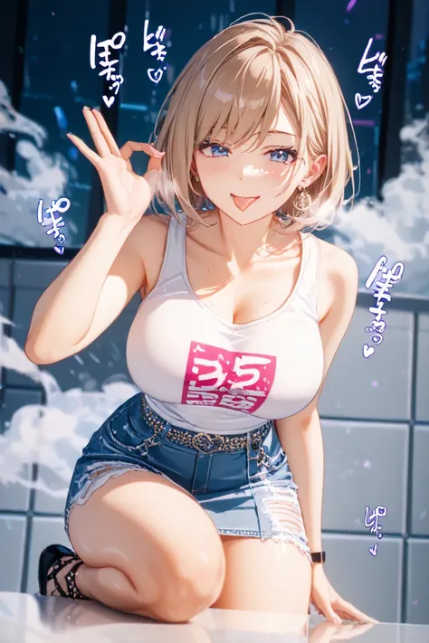 detailed background、 detailed person、High Resolution, 32K,   realistic depiction 、masterpiece、 score_9,  score_8_ and ,  score_7_ and ,  score_6_ and , mature woman, {{huge tits}}, curve, short hair,  blue eyes,  white shirt, tank top、( hand and foot acces...