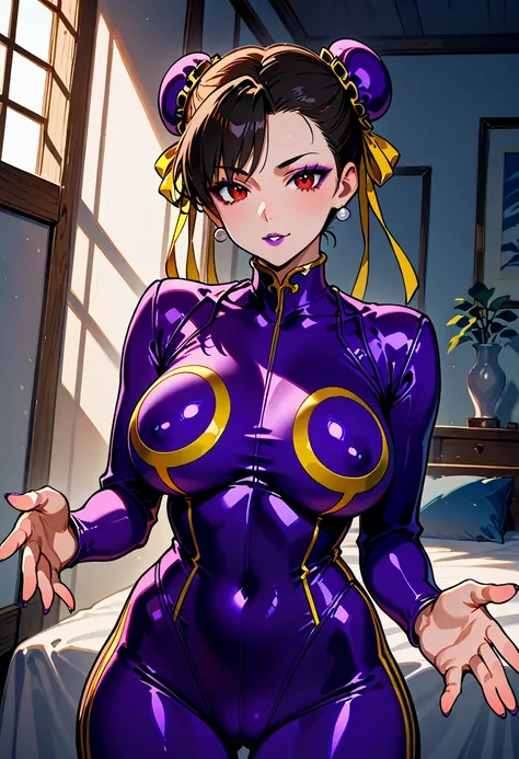  Chun-Li under the control of evil power. Her personality and body have been remodeled to become a Shadaloo warrior. Chun-Li has come to worship Vega as "Lord Vega." Chun-Li is forced to wear a doll suit. Red eyes. Purple lipstick. Purple eyeshadow.Chun-Li...