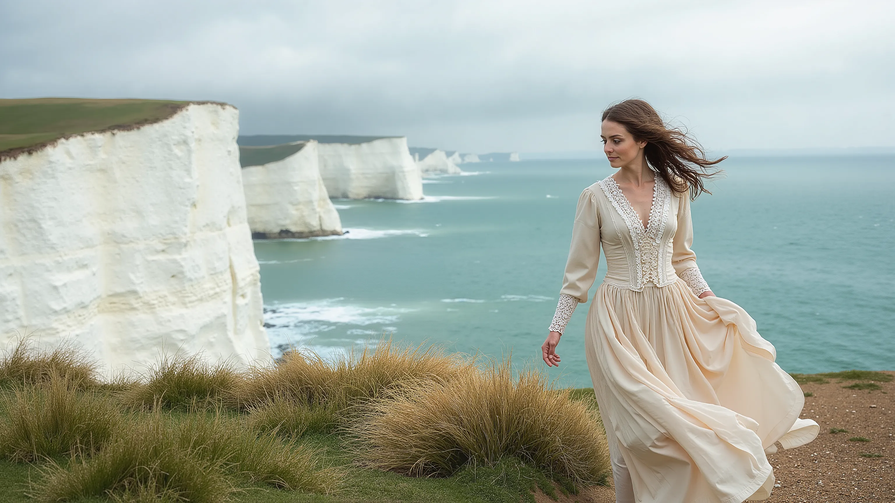 A beautiful woman of Victorian England walks on the Cliffs of Dover, the wind blowing her loose hair and her dress.