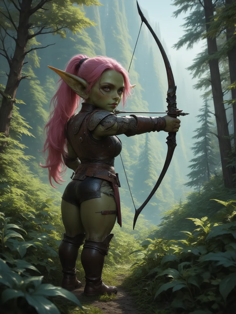 full shot of a short goblin slave girl with green skin aiming with bow, looking for pray to hunt, pink long ponytail hair, wearing leather armor, attractive body, slave chain collar on her neck, forest background