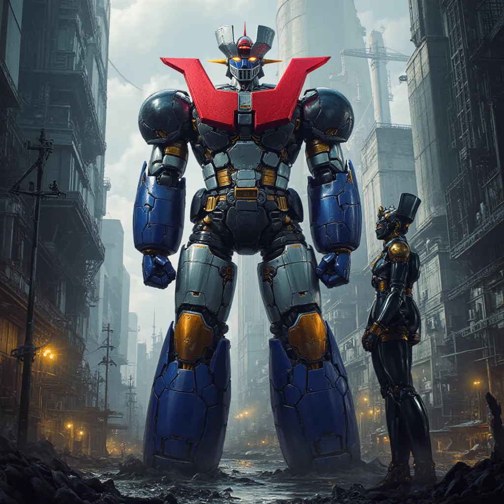  Modified Mazinger Z ,  Mazinger Z is 100 meters tall.   Constructed with modern materials such as steel  ,   Carbon Fiber  ,   Other industrial elements are also visible  ,  Just like the real thing  ,    I'm standing ahead at the height of a high-rise to...