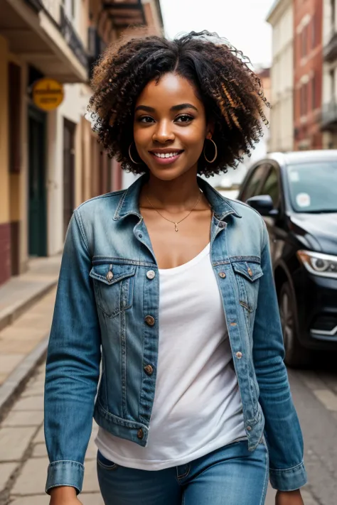 black African, woman from Africa, woman of African descent, curly hair, wavy, Crespo, short, cabelo wavy, queen, olhos  brown ,  brown ,  casual clothes,  realistic photo, smiling,  walking down the street , 