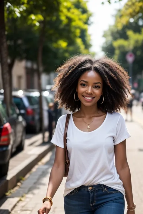 black African, woman from Africa, woman of African descent, curly hair, wavy, Crespo, short, cabelo wavy, queen, olhos  brown ,  brown ,  casual clothes,  realistic photo, smiling,  walking down the street , 