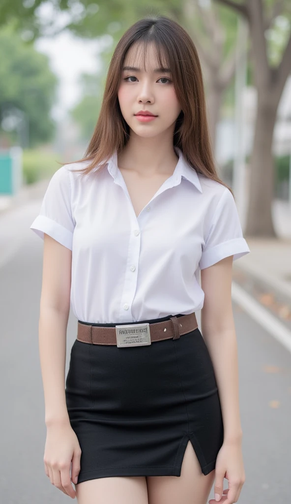 young Asian girl with brown hair, slender, small breasts, wearing a white short-sleeve blouse see pastel pink bra inside dimly, her shirt tucked into a short black pencil skirt with side slit, suede dark brown with university rectangle silver emblem belt a...