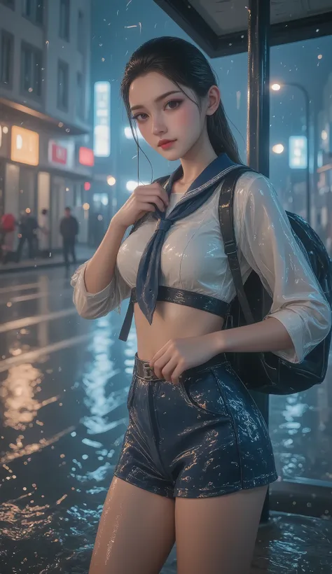 NSFW, TOP QUALITY , HD, 16k, unbelievably ridiculous , very well detailed, 2.5D, Delicate and Dynamic , beautiful woman, attractive smile , busty high school girl , uniform、 sailor suit、、 , backpack, , glitter effect, ((It's raining:1.3))、((My...