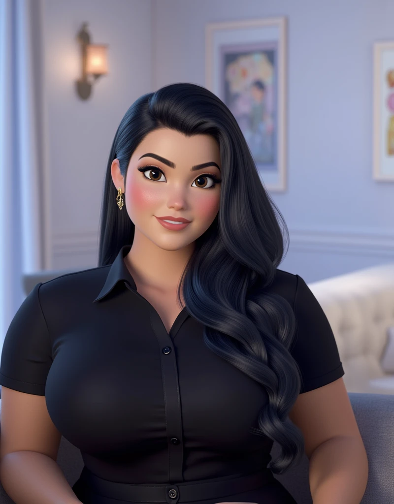 A realistic-looking woman with straight hair, long and black. Her skin has a brown tone and her face is oval. She has medium sized dark brown eyes, slightly thick eyebrows and long and highlighted lashes. Her lips are fleshy and your nose has a balance bet...