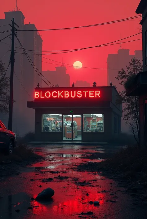 post apocalyptic future environment, dead brands such as blockbusters. with red, black and gray color palette. style stranger things