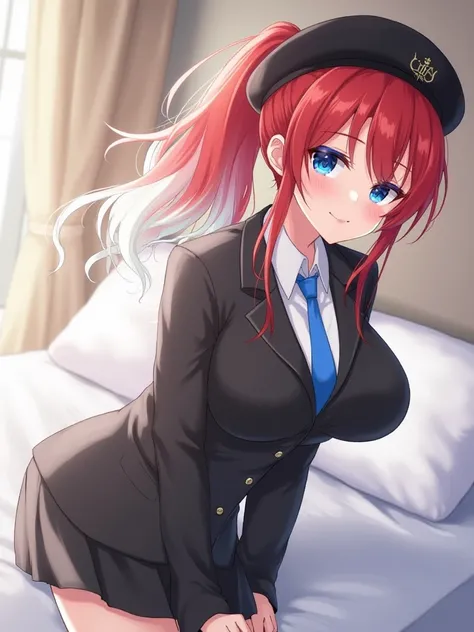 1 girl, Solo, high resolution,  long hair,  redhead, high profile,  ponytail, big breasts,  blue eye,  tongue twisters, Beret ,Black Suit,  blue tie  ,Snow colored hair,  wolf's ear, On the mattress on the bed , behind the scenes, 