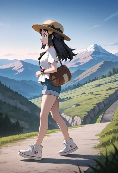 masterpiece, best quality, amazing quality, very aesthetic, absurdres, newest, scenery,highly detailed,high-resolution,female,woman,dawn/hikari,pokemon diamond pearl,dark-navy hair,long hair,aquamarine eyes,fair skin,glossy texture,pink lips,A straw boater...