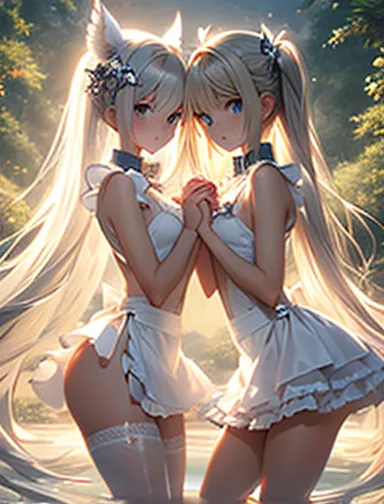 （（（ＳＦＷ、Highest quality、 first class masterpiece 、 Normal body 、8k、  detailed faces 、 super precise、   real color 、５refer to、Highest）））、２ Beautiful Girls、Silver-haired beautiful girl（twin tail、Big Breasts、slender、 slim、 can be used、 innocent、Homely、ultra-th...