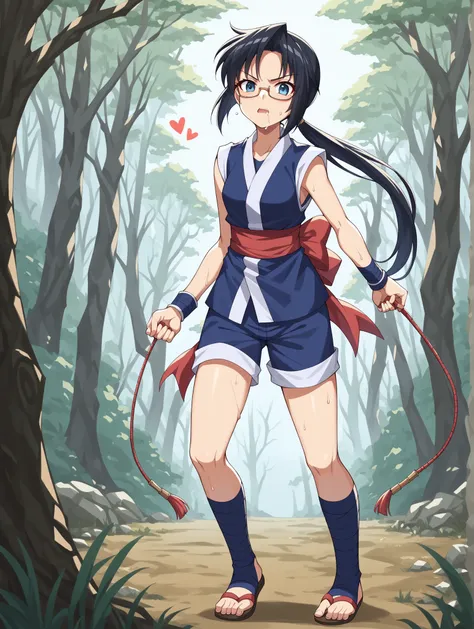 1 girl,  long hair,   black hair,  blue eyes, knitting glasses, Ninja, sleeveless, heart, ribbons,  shorts, Arm Cover, leg wrap, or,  sandals on the skin, forest, outdoor, Serious, Combat Stance, has a weapon, kunai  score_9,  score_8_up,  score_7_up,  sco...