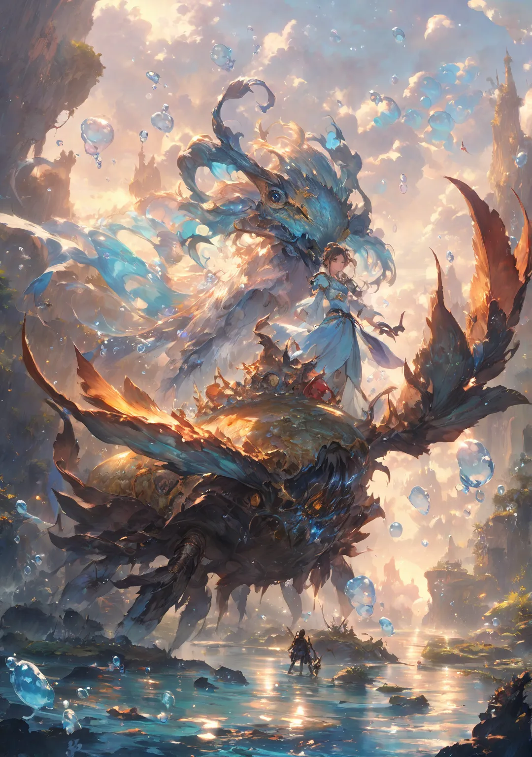 nature and water , big crab creature,  Anime Fantasy Illustrations ,  anime fantasy art , beautiful fantasy anime, Bubble