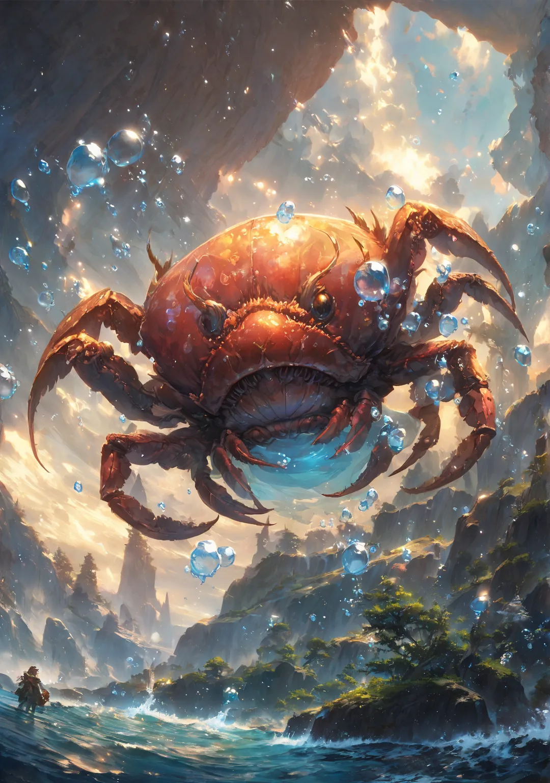 nature and water , big crab creature,  Anime Fantasy Illustrations ,  anime fantasy art , beautiful fantasy anime, Bubble