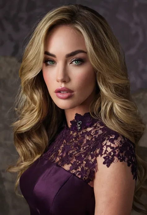 "A highly realistic portrait of a woman resembling megan fox . She has sharp green eyes, soft golden-blonde hair styled in soft waves, and dramatic dark makeup that accentuates her features. She is wearing a sleek dark plum purple  dress with delicate lace...