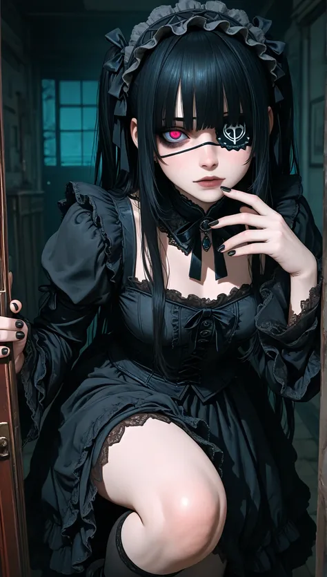 Detailed face,full body, beautiful face,gothic girl, knee-length blouse, eye patch ,black nails, dark makeup,crouching,mysterious,penetrating look, one leg stretched ,SUPERHERO