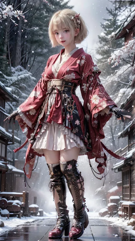 Handle Pure Japanese Style、Kimono-style red lolita、Kimono Angel、Platinum Blonde Straight Haired Short Bob、round face、 Japanese Beautiful Girl、 Dark Blue Eyes 、big eyes、 sagitales、 opens her mouth slightly and laughs。luxurious dark red and silk purple kimon...