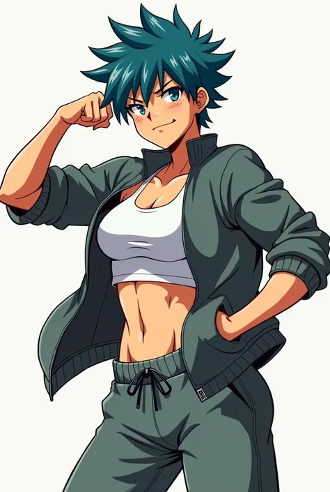 Anime tomboy flexing in her sweat pants and open jacket.