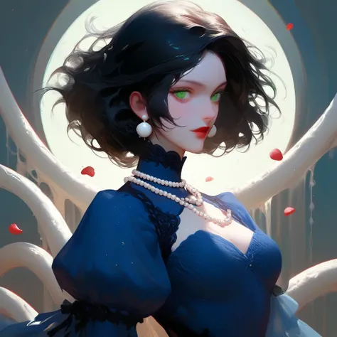 A 22-year-old woman Skin as white as ivory, long black hair, sharp, green eyes, red lips like rose petals, slender figure, wearing a blue dress, Wear multiple layers of pearl necklaces,long puffy sleeves.