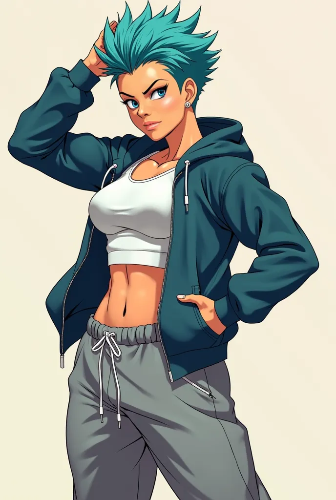 Anime tomboy flexing in her sweat pants and open jacket.