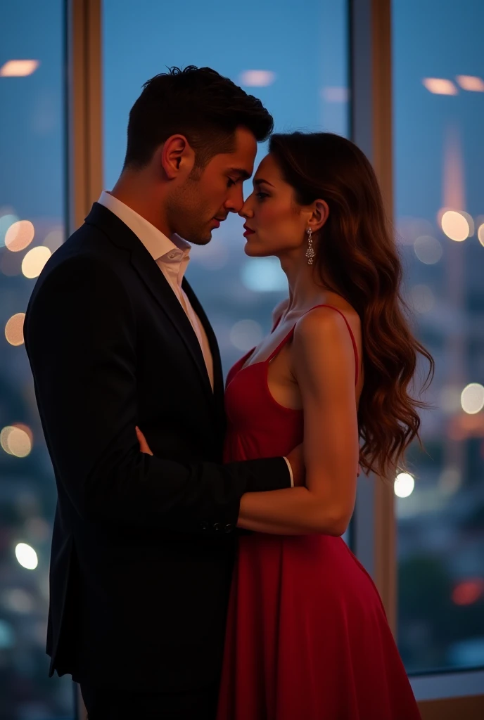 romance book cover. couple in love, El Alto Moreno, short straight hair and dressed in a black suit Armani wearing a white shirt and she wearing a red dress open to the middle of the thigh,  hugging each other , looking at each other with passion and inten...