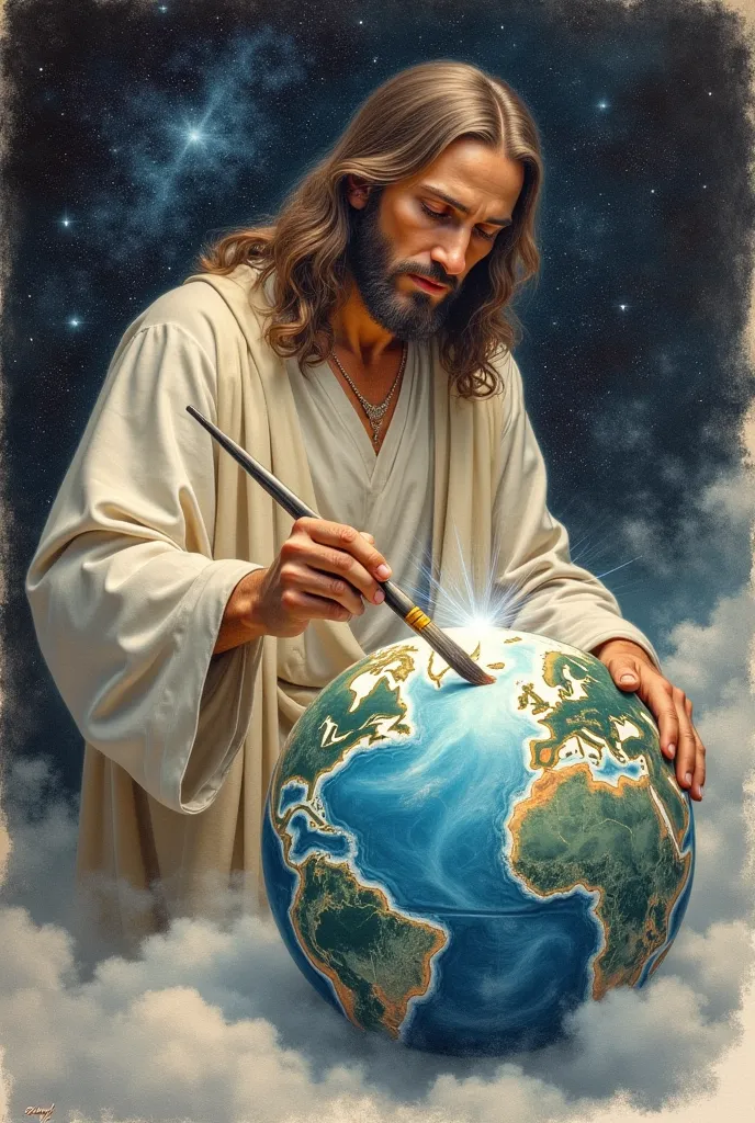 Generate an image of Jesus painting the world must be a drawing and for the public 