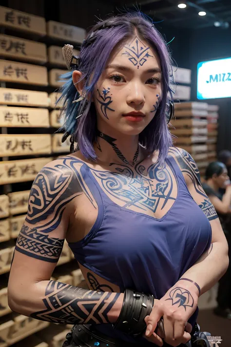 1girl, woman, stealthy Aasimar post-apocalyptic amazon ranger, (muscular:1.1), (tribal tattoos, face tattoos:1.4), violet hair, short hair, head down, bombshell hair, vivid blue hair, Retro Waves, hourglass figure, chain mail armor,